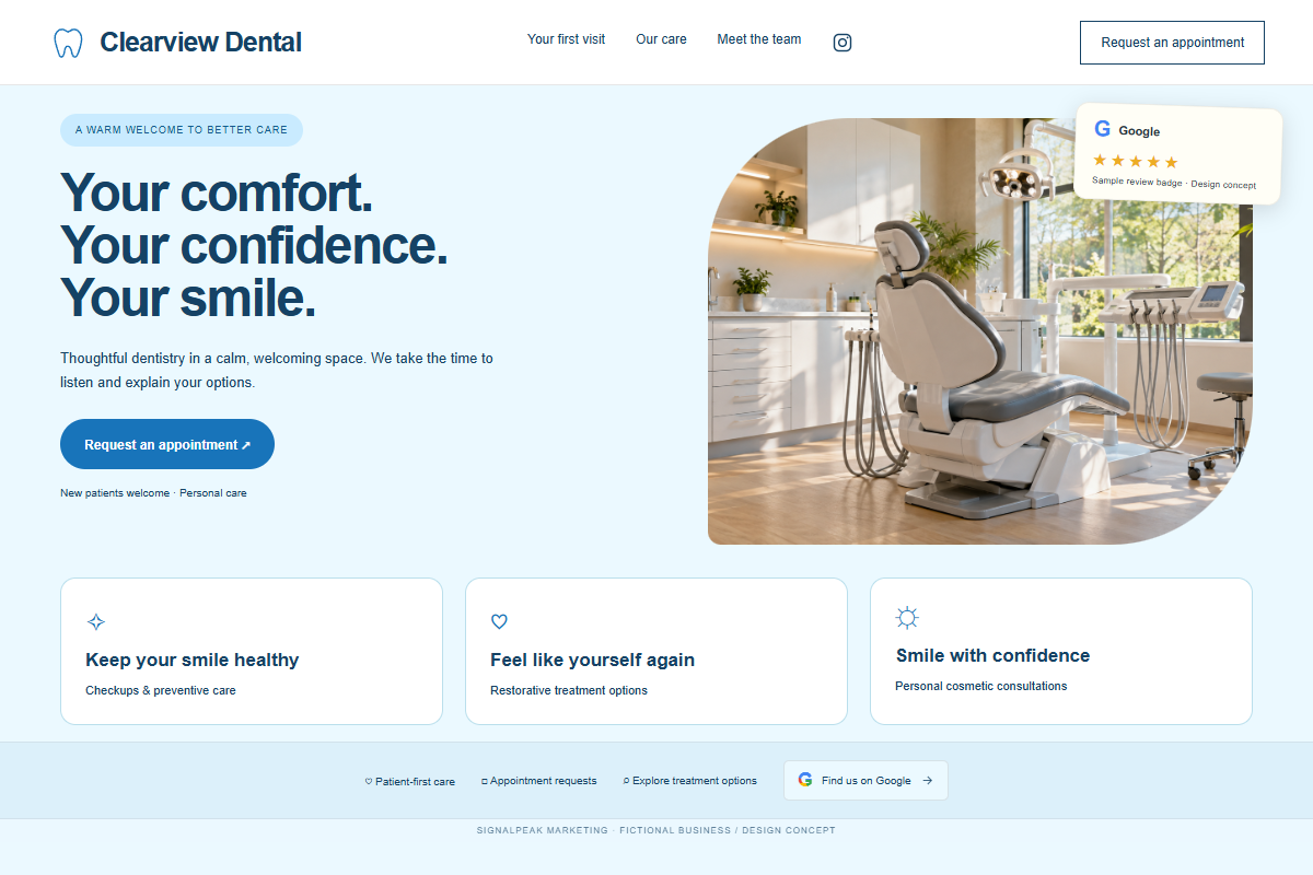 Clearview Dental fictional website design concept preview